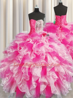 Sleeveless Beading and Ruffles and Ruching Lace Up Quinceanera Dresses