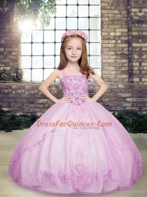 Lilac Straps Neckline Beading Girls Pageant Dresses Sleeveless Lace Up