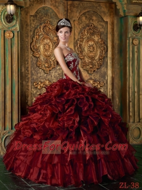 Elegant Wine Red Ball Gown Sweet-heart Lace-up Floor-length Organza Beautiful Quinceanera Dress