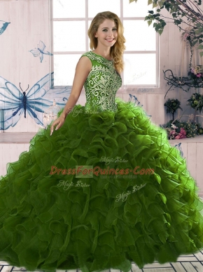 Olive Green Sweet 16 Dress Military Ball and Sweet 16 and Quinceanera with Beading and Ruffles Scoop Sleeveless Lace Up