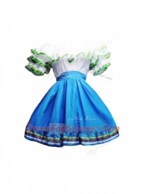 Blue And White Taffeta Zipper Prom Dresses Short Sleeves Mini Length Ruffles