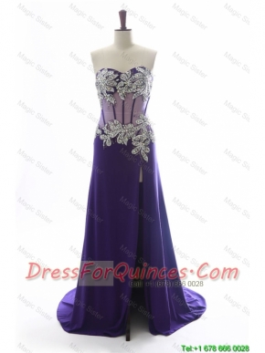 Cheap Sweetheart Beading Brush Train Prom Dresses in Purple