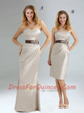2015 Ruching and Belt Sweetheart Grey Dama Dress with Floor Length