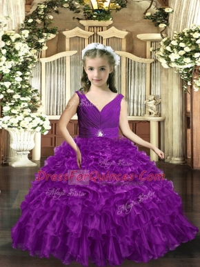 Eggplant Purple Sleeveless Organza Backless Girls Pageant Dresses for Party and Sweet 16 and Wedding Party