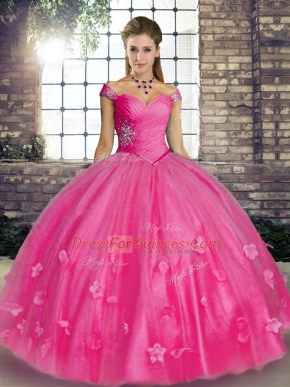Enchanting Off The Shoulder Sleeveless Tulle Ball Gown Prom Dress Beading and Appliques Lace Up