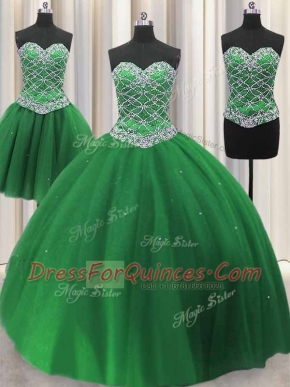 Attractive Three Piece Green Tulle Lace Up Sweet 16 Dresses Sleeveless Floor Length Beading and Sequins