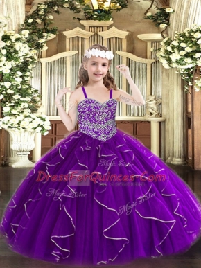 Purple Straps Lace Up Beading and Ruffles Little Girl Pageant Gowns Sleeveless