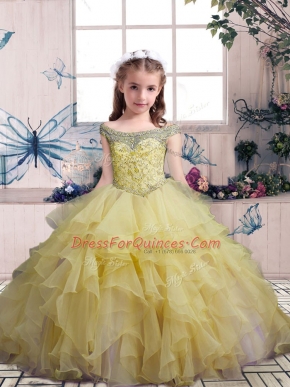Organza Sleeveless Floor Length Pageant Gowns For Girls and Beading and Ruffles