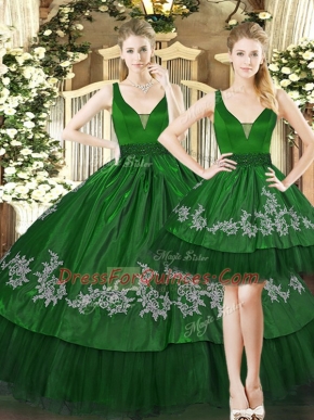 Floor Length Dark Green Vestidos de Quinceanera Tulle Sleeveless Appliques