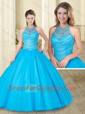See Through and Beaded Baby Blue Sweet 16 Dress with Halter Top