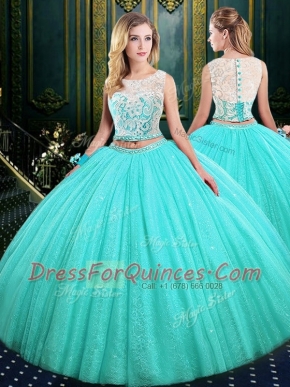 Blue Scoop Lace Up Lace and Sequins 15 Quinceanera Dress Sleeveless