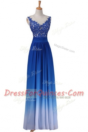 Unique Floor Length Blue Prom Party Dress Chiffon Sleeveless Lace