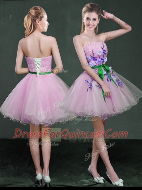 Lilac Sleeveless Mini Length Appliques and Belt Lace Up Prom Dress
