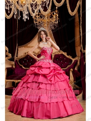 Hot Pink Ball Gown Sweetheart Floor-length Taffeta Appliques Sweet 16 Dress