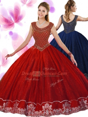 Wine Red Tulle Zipper Scoop Sleeveless Floor Length Sweet 16 Quinceanera Dress Beading and Appliques