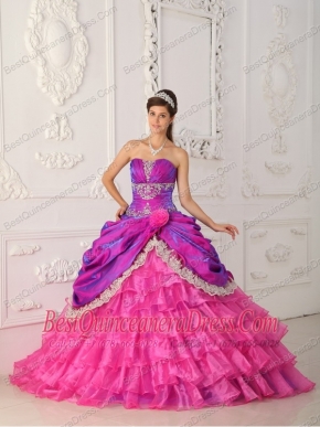 Hot Pink Ball Gown Strapless Floor-length Organza and Taffeta Lace and Appliques Quinceanera Dress