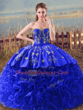 Eye-catching Royal Blue Lace Up Quince Ball Gowns Embroidery and Ruffles Sleeveless Brush Train