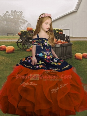 Unique Straps Sleeveless Kids Pageant Dress Floor Length Embroidery and Ruffles Rust Red Tulle