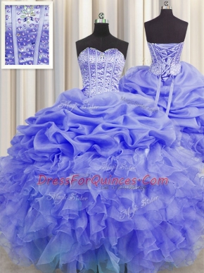 Flirting Visible Boning Purple Sleeveless Beading and Ruffles and Pick Ups Floor Length Sweet 16 Quinceanera Dress