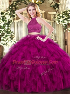 Attractive Fuchsia Ball Gowns Organza Halter Top Sleeveless Beading and Ruffles Floor Length Backless Ball Gown Prom Dress