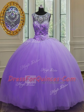 Amazing Scoop Floor Length Lavender 15 Quinceanera Dress Tulle Sleeveless Beading