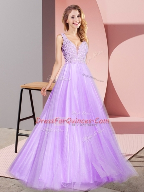 Floor Length Lavender Prom Dresses V-neck Sleeveless Zipper
