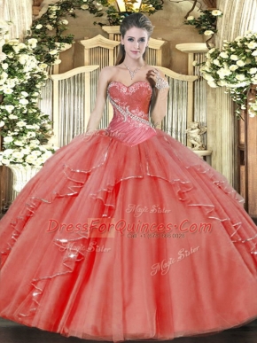 Coral Red Lace Up Sweetheart Beading and Ruffled Layers Quinceanera Dress Tulle Sleeveless