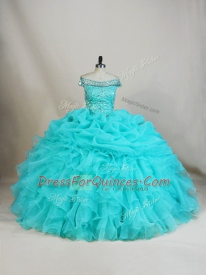 Organza Off The Shoulder Sleeveless Lace Up Beading and Ruffles Quinceanera Gown in Aqua Blue