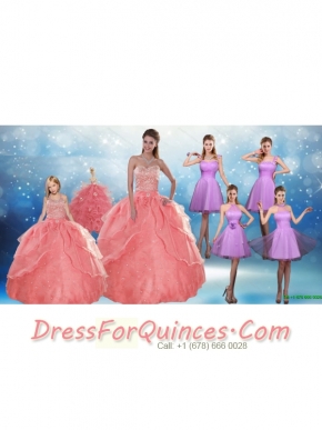 Perfect Beading Floor Length Quinceanera Dress and Short Ruching Prom Dresses and Watermelon Halter Top Little Girl Dress