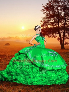 Green Ball Gowns Organza Sweetheart Sleeveless Embroidery and Ruffles Lace Up Quince Ball Gowns Brush Train