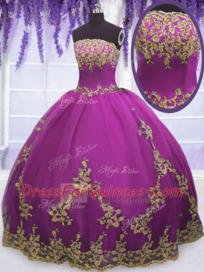 Floor Length Fuchsia Sweet 16 Dress Tulle Sleeveless Appliques