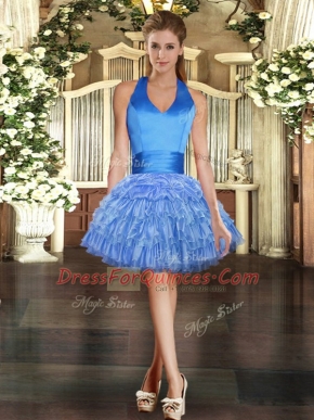 Nice Blue Lace Up Prom Party Dress Beading and Ruffled Layers Sleeveless Mini Length