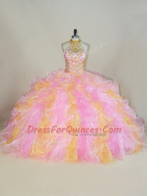 Trendy Multi-color Halter Top Lace Up Beading and Ruffles Quinceanera Dress Sleeveless