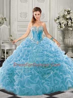 Fantastic Sweetheart Sleeveless Quinceanera Dress Court Train Beading and Ruffles Aqua Blue Organza