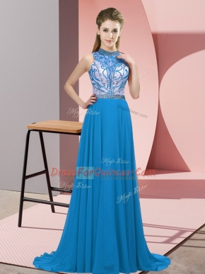 Halter Top Sleeveless Prom Dress Brush Train Beading Blue Chiffon