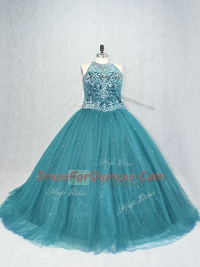 Teal Lace Up Scoop Beading Quinceanera Dress Tulle Sleeveless Brush Train