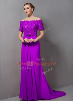 High End Purple Zipper Off The Shoulder Lace Prom Party Dress Chiffon Short Sleeves Sweep Train