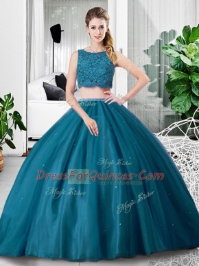Sumptuous Sleeveless Floor Length Lace and Ruching Zipper 15th Birthday Dress with Teal