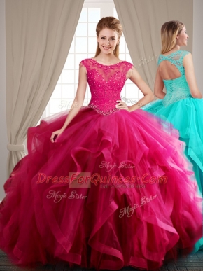 Hot Pink Sweet 16 Dresses Military Ball and Sweet 16 and Quinceanera and For with Beading and Appliques and Ruffles Scoop Cap Sleeves Brush Train Lace Up