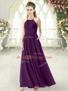 Empire Prom Dress Purple Halter Top Chiffon Sleeveless Ankle Length Backless