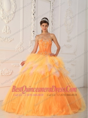 Orange A-Line / Princess Sweetheart Floor-length Satin and Tulle Beading Quinceanera Dress