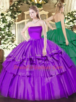 Classical Strapless Sleeveless Zipper Quinceanera Gowns Eggplant Purple Organza and Taffeta