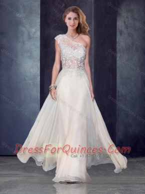 One Shoulder Applique Champagne Prom Dress with See Through Back