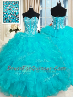 Aqua Blue Lace Up Quinceanera Dresses Beading and Ruffles Sleeveless Floor Length