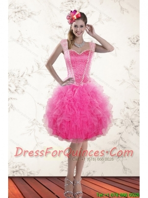 Fashionable Hot Pink 2015 Straps Prom Dresses with Beading and Ruffles