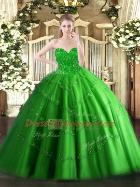 Smart Green Tulle Lace Up Sweetheart Sleeveless Floor Length Sweet 16 Dresses Appliques