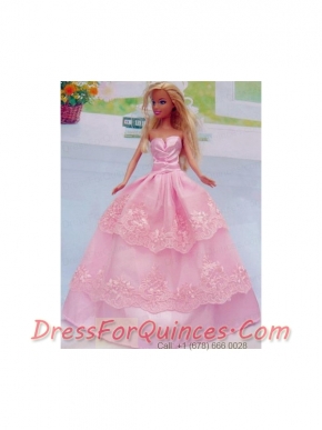 Embroidery Floor-length Rose Pink For Princess Barbie Doll Dress