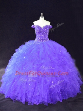 Sophisticated Floor Length Purple 15th Birthday Dress Tulle Sleeveless Beading