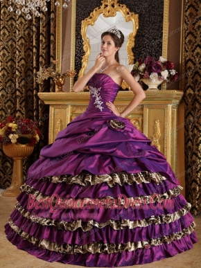 Purple Ball Gown One Shoulder Floor-length Taffeta and Leopard Appliques Sweet 16 Dress