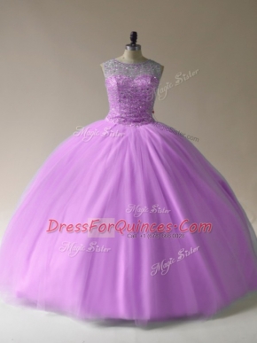Floor Length Lilac Quince Ball Gowns Organza Sleeveless Beading